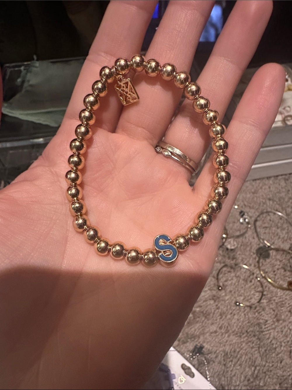 Gold Beaded Stretch Bracelet with Blue 'S' Initial Charm - Unbranded
